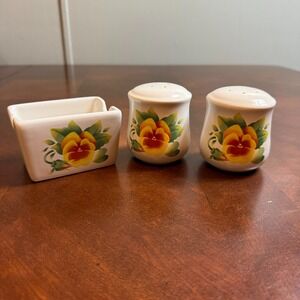 Vtg 90's Corelle Summer Blush Salt and Pepper Shaker Sugar Holder  Set Pansy